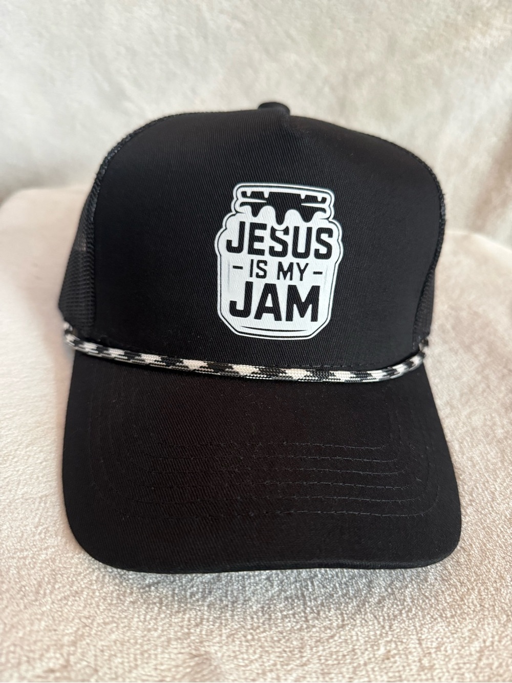 Source Unknown Black Trucker Hat "Jesus Is My Jam"